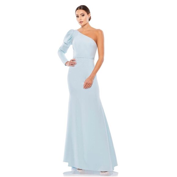 NWT Mac Duggal One Shoulder Puff Sleeve Dress Powder  Blue 4 #8482 - Picture 1 of 9